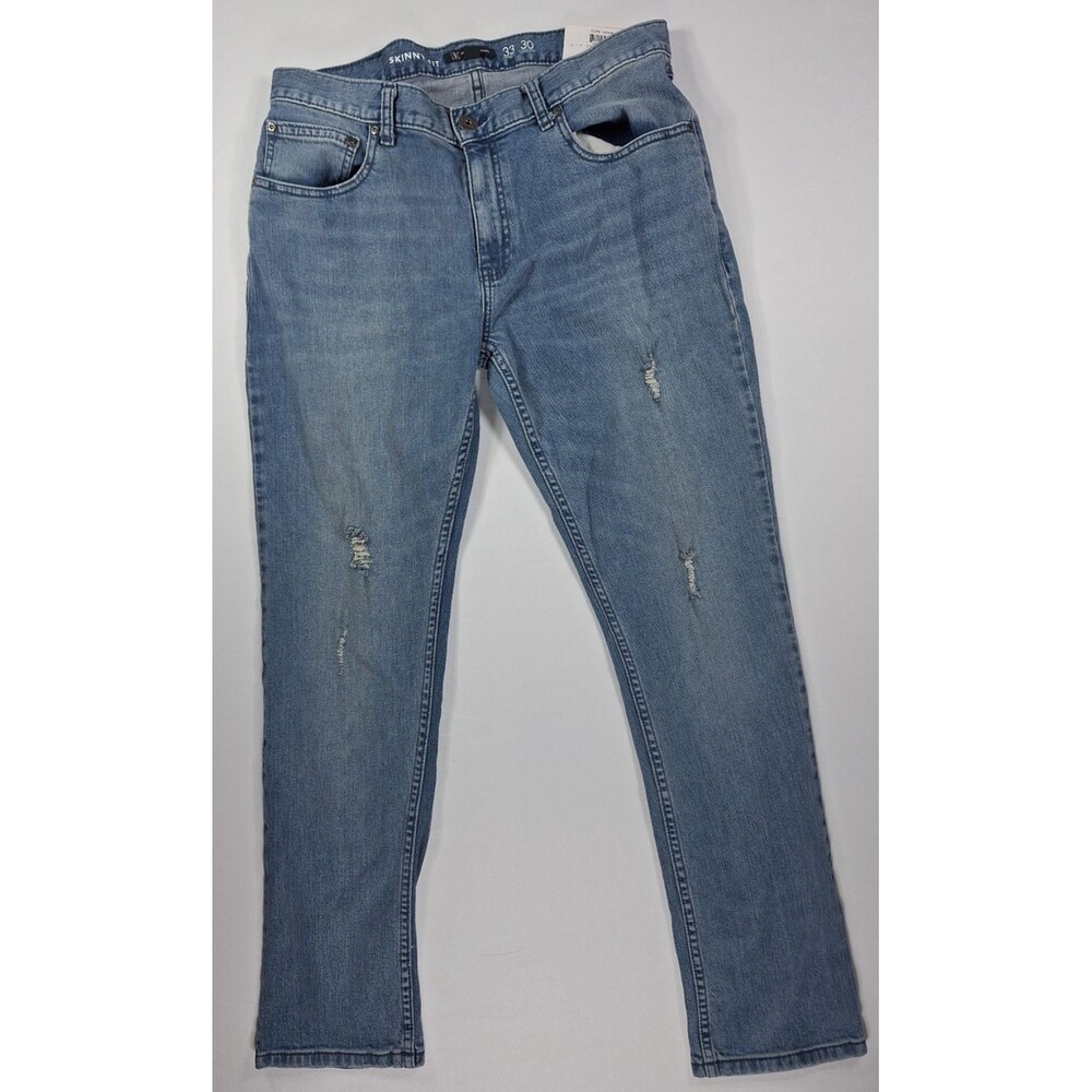 INC Men's Skinny Fit 33x30 Comfort Stretch Blue Jeans Light Wash Destressed